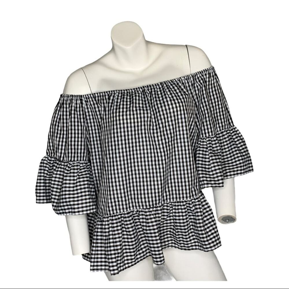 Style Envy S black plaid Off shoulder flounce top